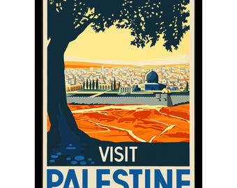 Vintage Visit Palestine Travel Poster Palestina Jerusalem Cityscape Travel Print Art