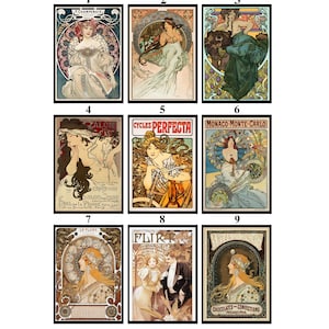 Peut inclure: Neuf affiches de style Art nouveau avec des cadres ornés. Chaque affiche présente une femme en tenue fluide, avec des motifs floraux et géométriques. Certaines affiches incluent du texte tel que "Cycles Perfecta" et "Chocolates Confections Philadelphia."