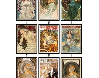 May include: Nine Art Nouveau style posters with ornate frames. Each poster features a woman in flowing attire, with floral and geometric designs. Some posters include text such as "Cycles Perfecta" and "Chocolates Confections Philadelphia."