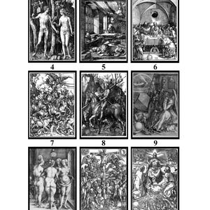 May include: A collection of nine black and white art prints, each depicting detailed scenes. Subjects include biblical figures, historical events, and allegorical representations. The prints showcase intricate linework and shading.