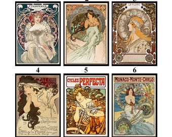 May include: A collection of six Art Nouveau posters featuring elegant women, intricate floral designs, and text. The posters showcase a variety of colors, including gold, red, and green, with titles such as "F. Champenois" and "Cycles Perfecta."