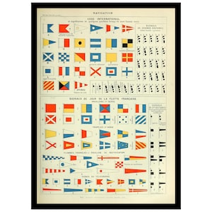 May include: A framed vintage nautical chart titled NAVIGATION, displaying the International Code of Signals and French fleet day signals. The poster features rows of colorful maritime signal flags, pennants, and geometric distance symbols on a cream background.