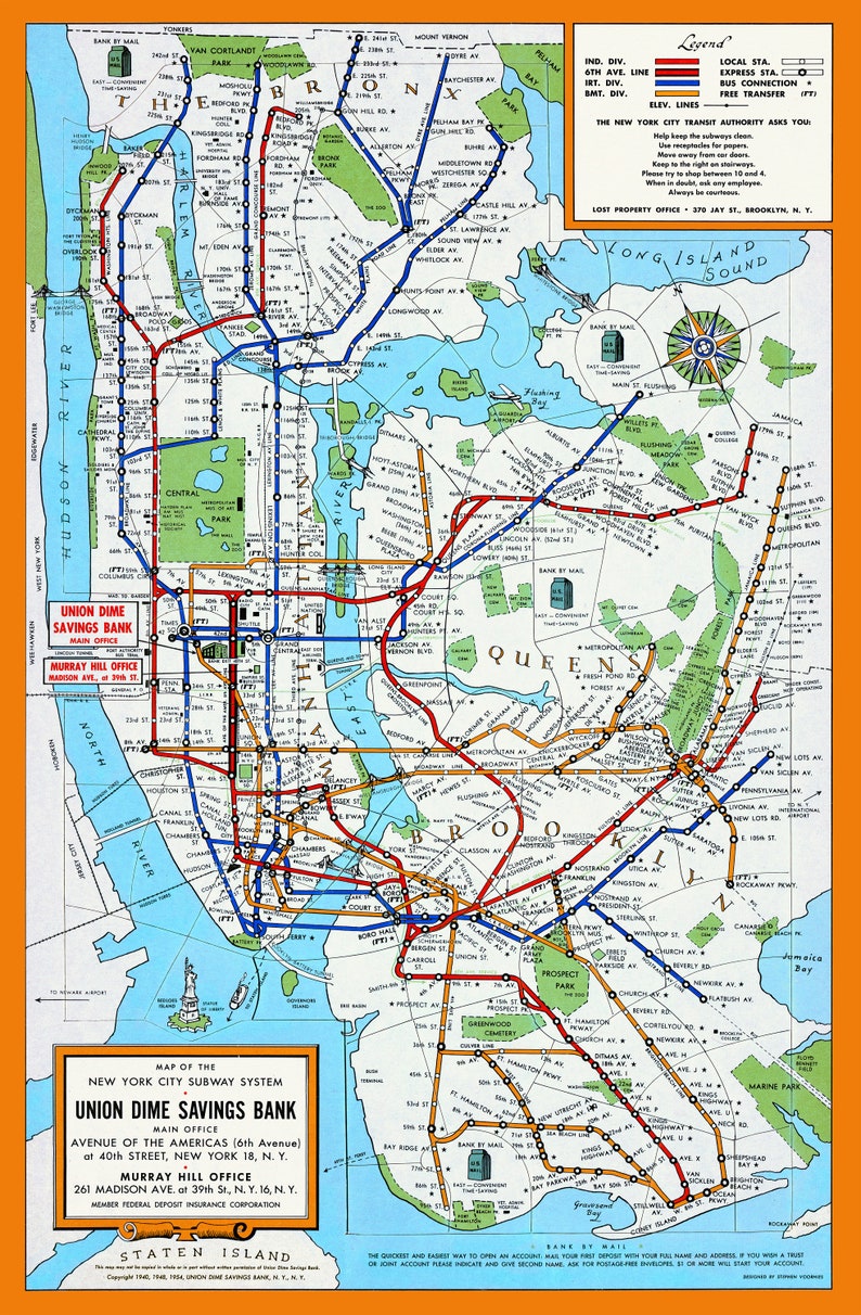 Map of the New York City Subway System. Union Dime Savings Etsy
