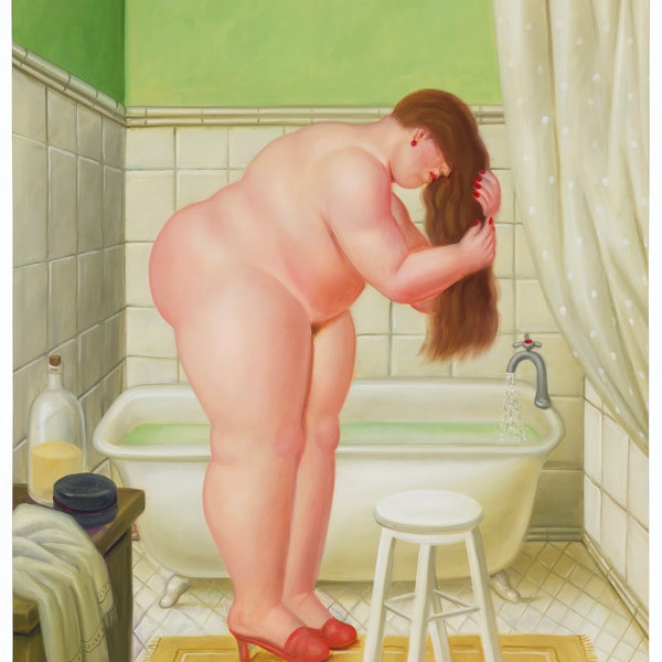 Session de coiffure dans la salle de bain - Fernando Botero - Poster