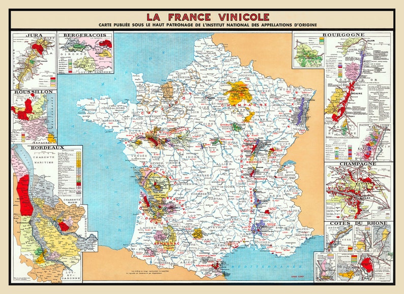 Wine Map of France Vintage Map Showing the Wine Regions of France 1948