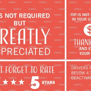 Uber Tip Sign - 2 Signs, 5 Star Rating, Rideshare, Get it ASAP Digital Download - Red Clean