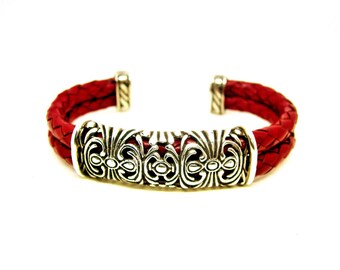 Sterling silver RED Leather CUFF BRACELET