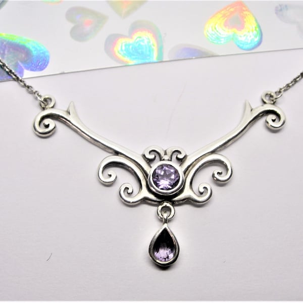 Edwardian style sterling silver and amethyst bib necklace