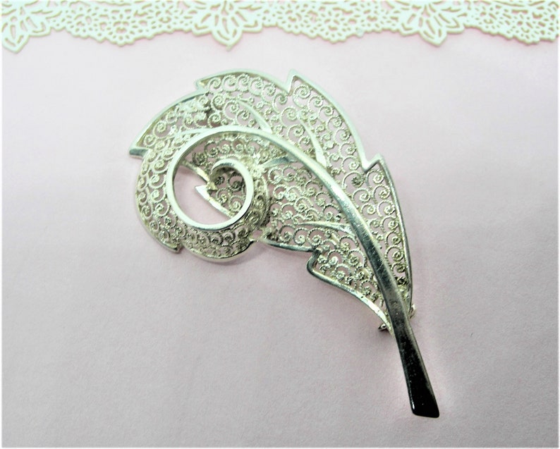 Ancienne Broche Plume En Argent Filigrané - Style écrivain/vintage - Bon état Général
