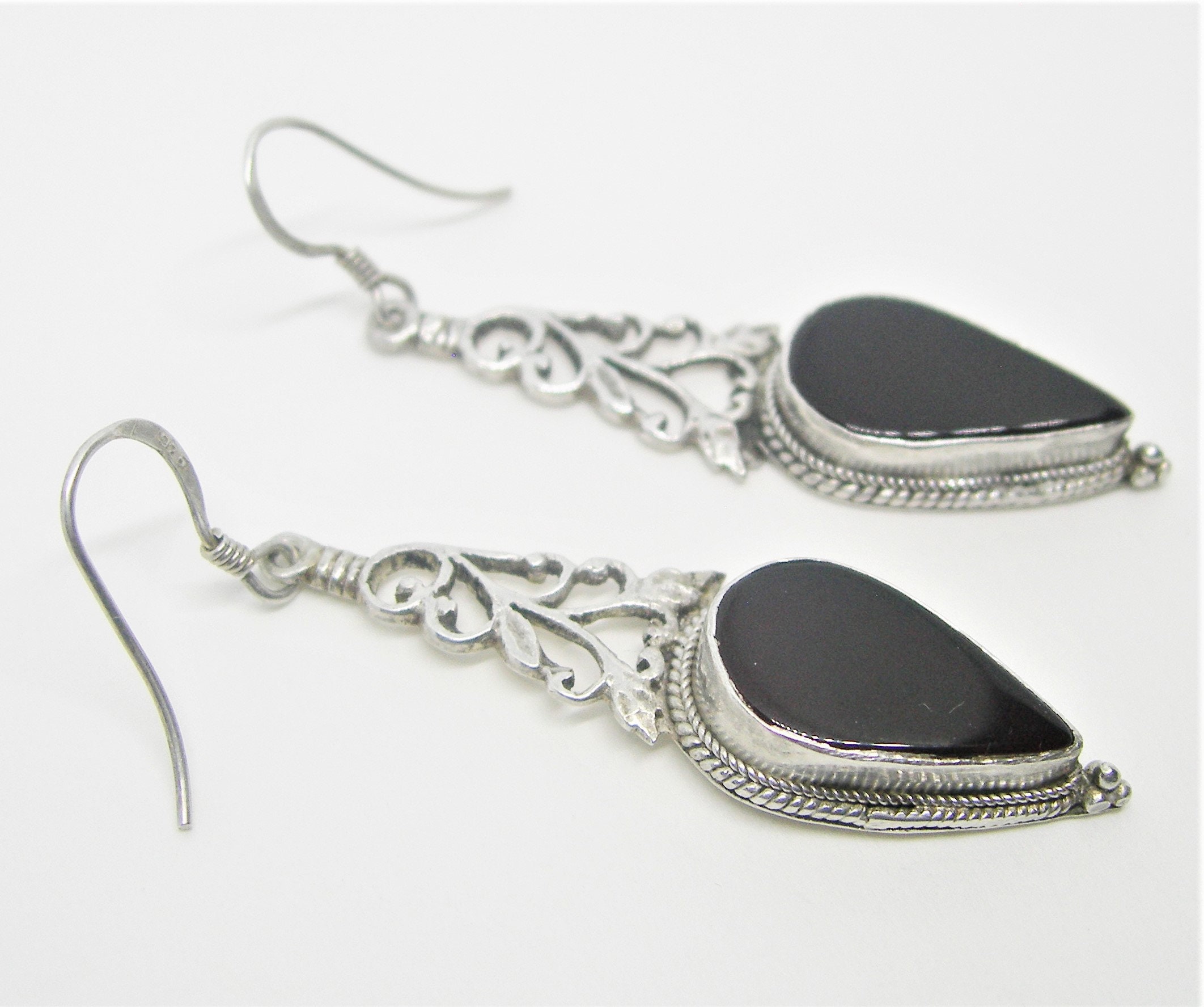 Boucles D'oreilles Anciennes En Argent Avec Grenat - Grandes, Style Vintage - Occasion