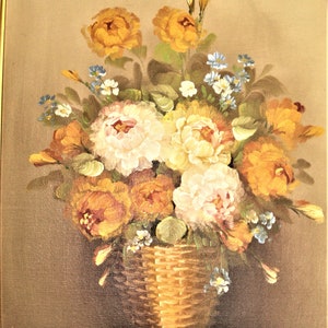 Peinture à lhuile originale Un panier aux roses signé Berry vintage image 5