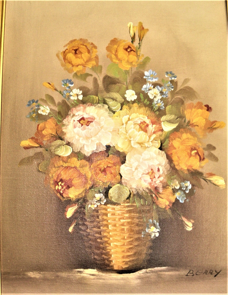 Peinture à lhuile originale Un panier aux roses signé Berry vintage image 5