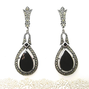 Large SILVER SPARKLING EARRINGS with black onyx and marcasite vintage