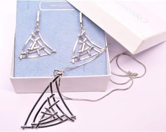 Sterling Silver Jewellery set Pendant necklace and earrings Art Designed