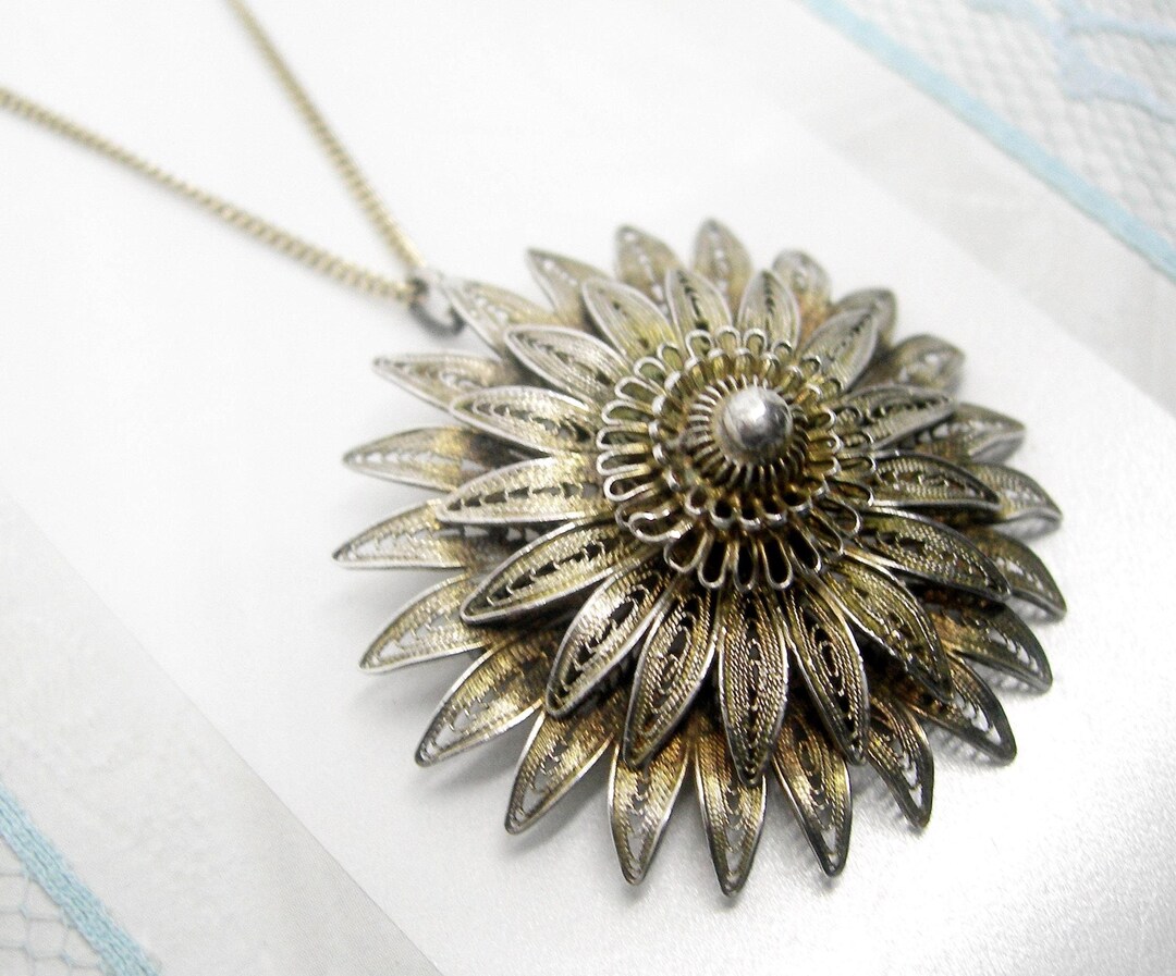 Sterling Silver Filigree Pendant Necklace Vintage - Etsy