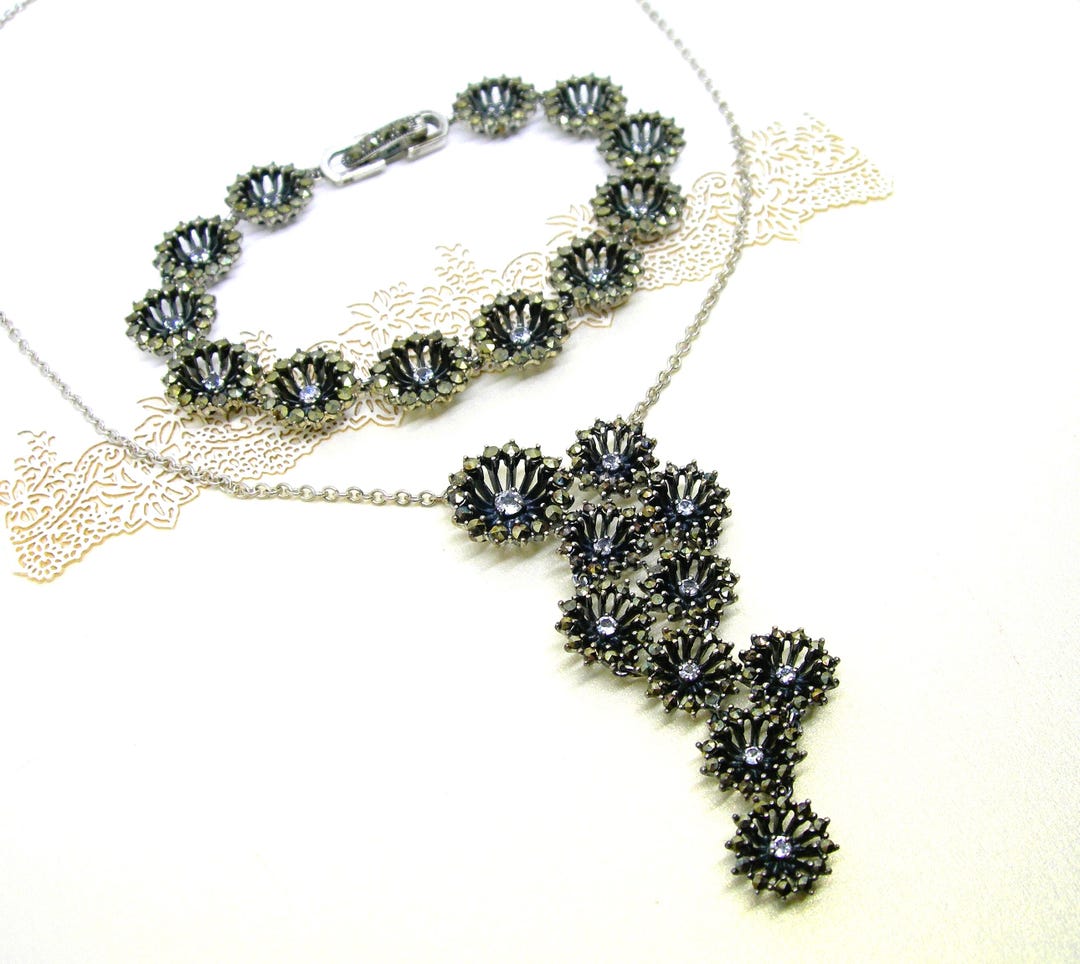 Sterling SILVER MARCASITE SET Pendant Necklace and Bracelet Prom ...
