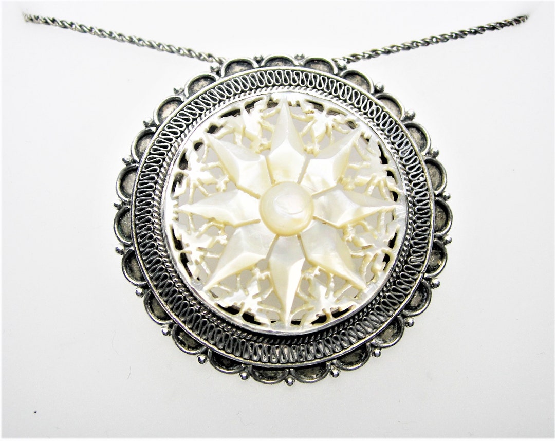 Silver Mother of Pearl Pendant Necklace Large Vintage - Etsy UK