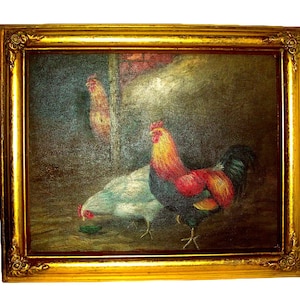 ORIGINAL OIL PAINTING A rooster and two hens vintage art