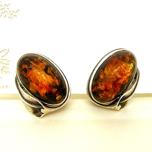 Genuine AMBER SILVER EARRINGS Clip on Oval Art Designed vintage
