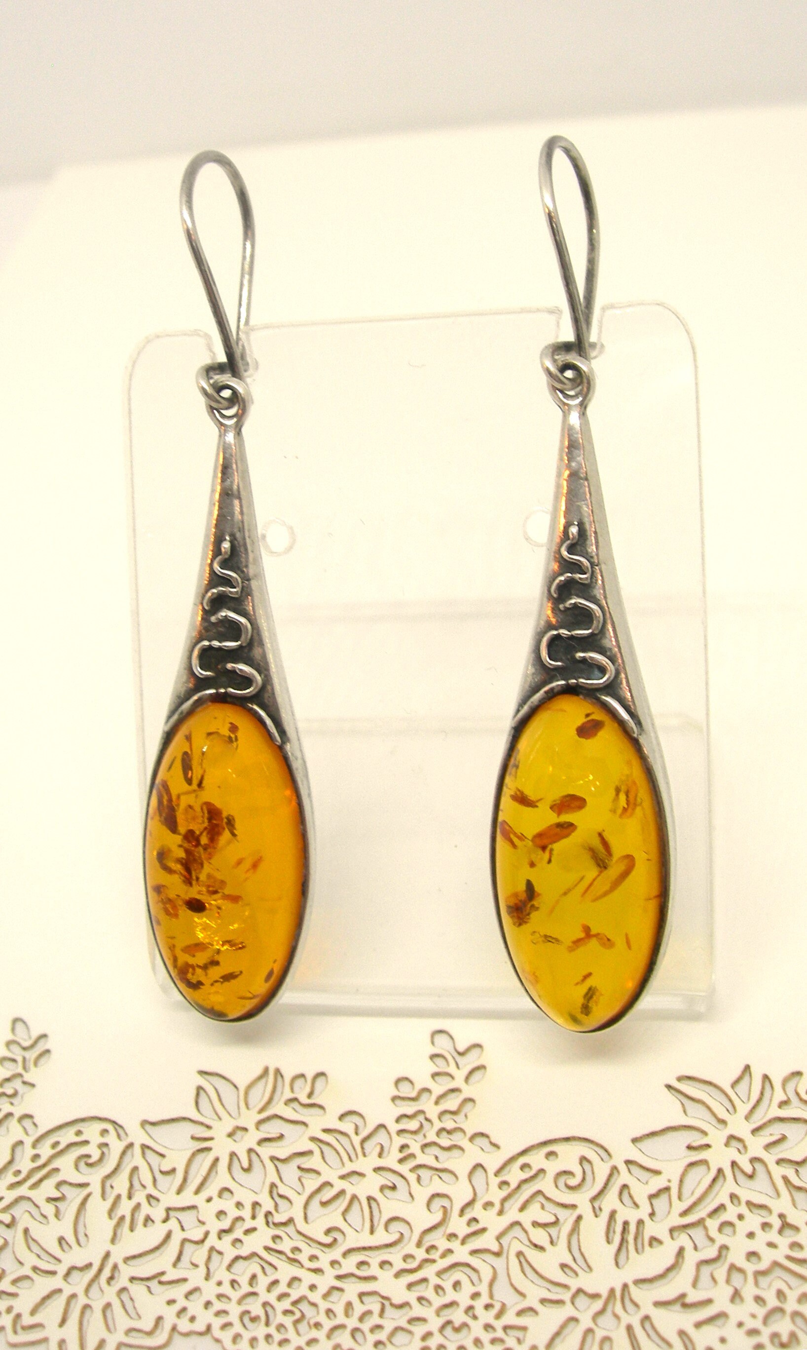 Boucles D'Oreilles Puces En Argent Sterling - Pierre D'Ambre Naturelle Incrustée - Style Vintage - Neuf