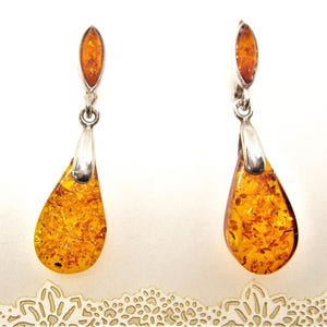 AMBER SILVER EARRINGS Teardrops Art Designed Sterling Vintage