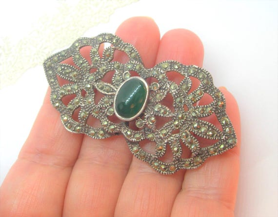 Broche Ancienne En Argent Avec Marcassite Et émeraude - Occasion Très Bon état
