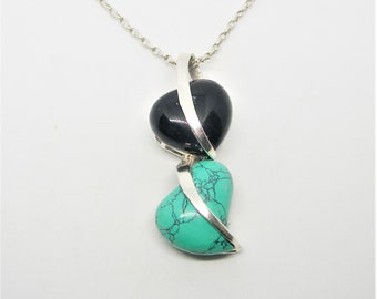 Sterling silver large pendant two hearts turquoise onyx