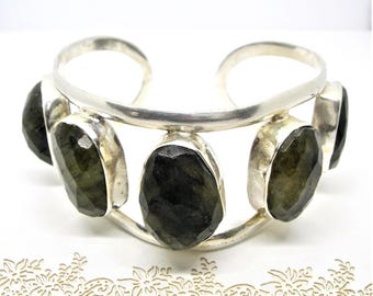 PULSEIRA LABRADORITA DE PRATA DE LEI grande estilo vanguardista ajustável e robusta