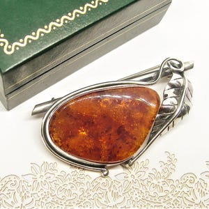 Genuine Amber sterling  silver brooch vintage