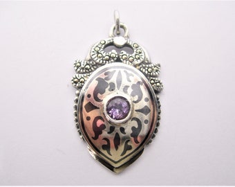 Vintage sterling silver pendant medallion with amethyst and marcasite