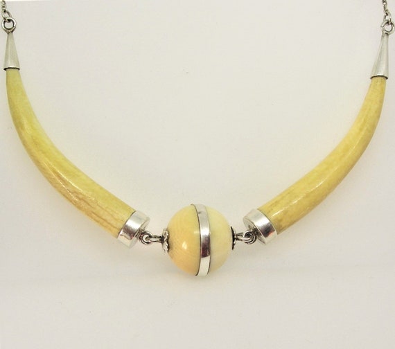 Mid century necklace sterling silver yellow amber - image 2