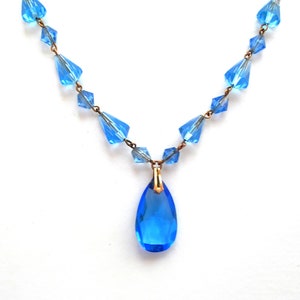 Art Deco GOLDEN CRYSTAL NECKLACE vintage, 9 carats gold with blue crystals