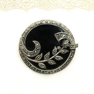 SILVER BROOCH with Black ONYX and softly sparkling marcasite Vintage gift for her