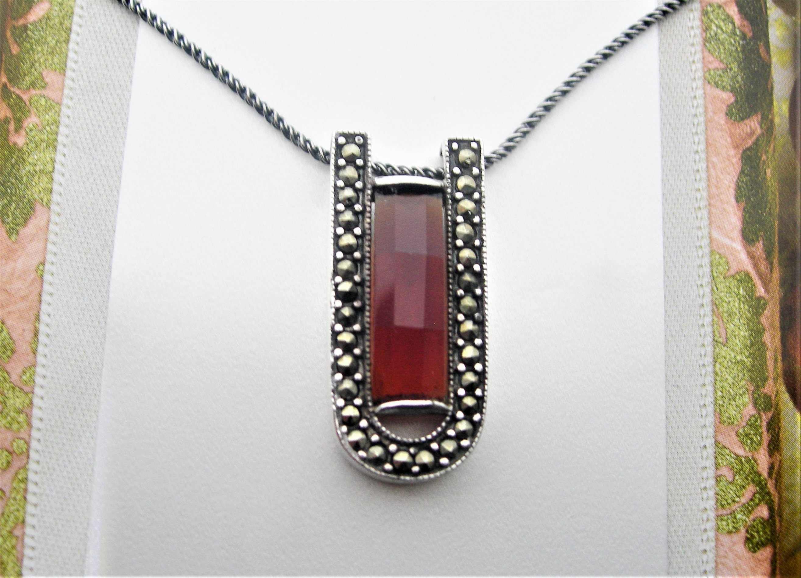 Garnet and Marcasite Silver Pendant Necklace Large Vintage - Etsy UK