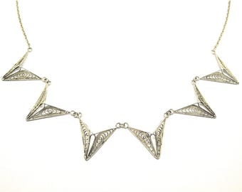 Silver filigree bib necklace geometric vintage