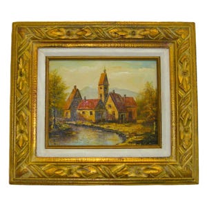 ORIGINAL OIL PAINTING on canvas impressionist French Village Landscape Hand carved wooden frame