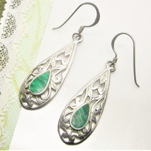 Sterling SILVER MALACHITE EARRINGS Vintage Gift or her