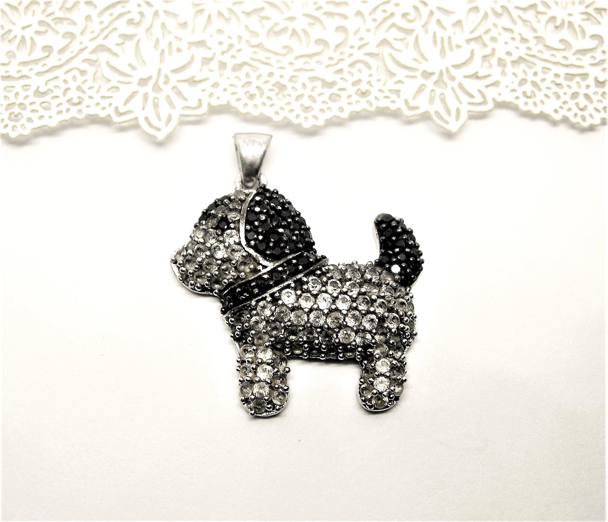 Sterling SILVER PUPPY Dog Clear and Black Diamond Pendant vintage marked TGGC