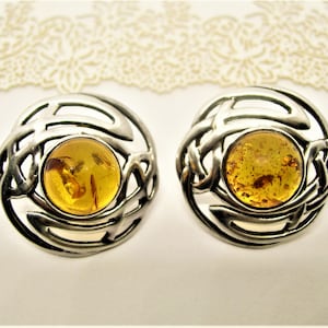 BOUCLES D&#39;OREILLES celtiques en argent sterling avec AMBRE vintage large