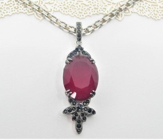 Ruby red garnet sterling silver pendant necklace … - image 1