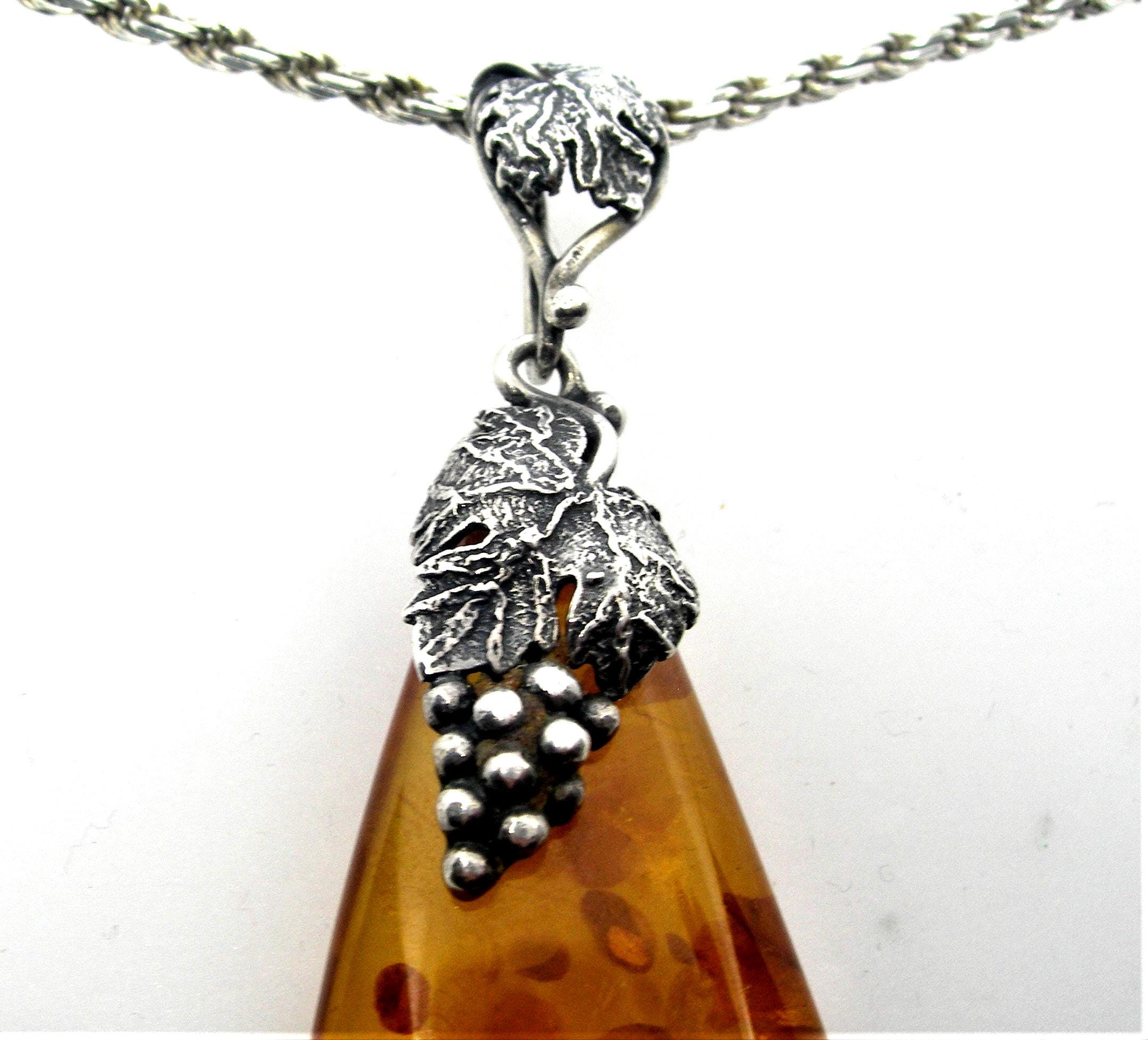 Pendentif Goutte En Argent Poinçonné Avec Ambre Véritable - Bijou Vintage - Occasion