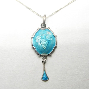 Antique Charles Horner silver enamel pendant Blue grape 1900s Art Nouveau guilloche vintage chain