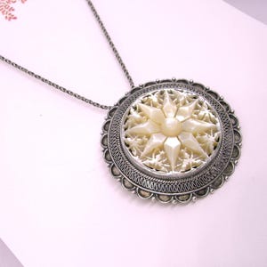 SILVER MOTHER of PEARL pendant necklace large vintage Gift for her