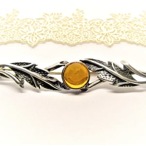 AMBER SILVER BROOCH floral Art designed vintage