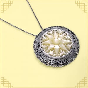 SILVER MOTHER of PEARL pendant necklace large vintage Gift for her