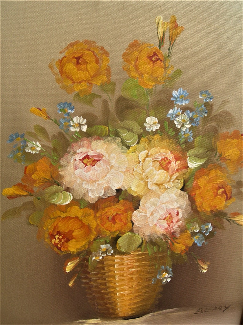 Peinture à lhuile originale Un panier aux roses signé Berry vintage image 7