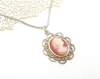 Collier PENDENTIF EN FILIGRANE D'ARGENT Cameo A Lady vintage