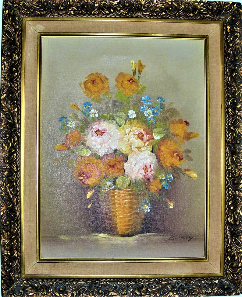 Peinture à lhuile originale Un panier aux roses signé Berry vintage image 1