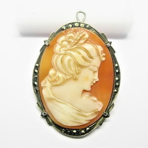 Edwardian CAMEO SILVER BROOCH Pendant A Lady hand carved shell and marcasite stones vintage