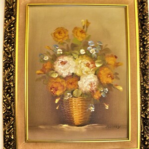 Peinture à lhuile originale Un panier aux roses signé Berry vintage image 2